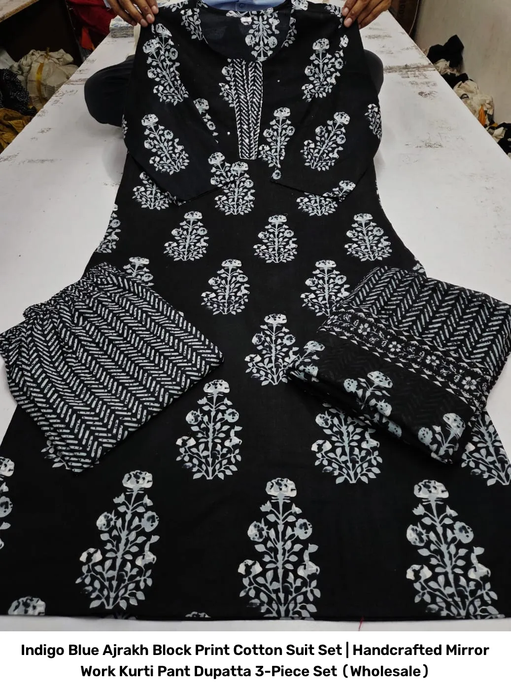 Indigo Blue Ajrakh Block Print Cotton Suit Set | Handcrafted Mirror Work Kurti Pant Dupatta 3-Piece Set (Wholesale) 8