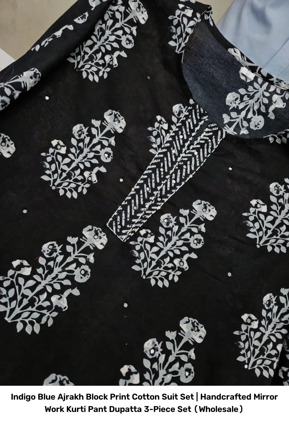 Indigo Blue Ajrakh Block Print Cotton Suit Set | Handcrafted Mirror Work Kurti Pant Dupatta 3-Piece Set (Wholesale) 9