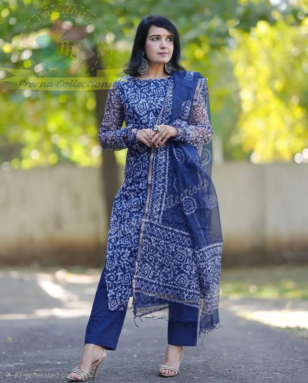 Indigo Blue Printed Kota Doria Kurti Pant Set with Chudidar Sleeves & Full Size Dupatta (Cotton Lined 3-Piece Suit) 1