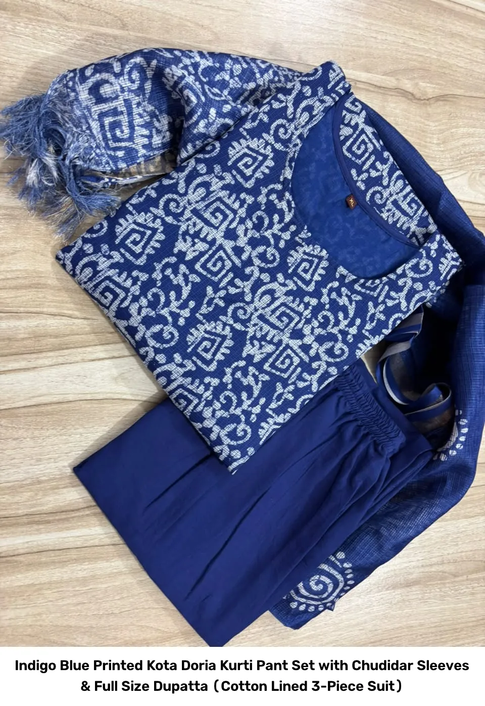 Indigo Blue Printed Kota Doria Kurti Pant Set with Chudidar Sleeves & Full Size Dupatta (Cotton Lined 3-Piece Suit) 2