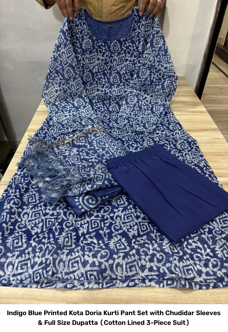 Indigo Blue Printed Kota Doria Kurti Pant Set with Chudidar Sleeves & Full Size Dupatta (Cotton Lined 3-Piece Suit) 3