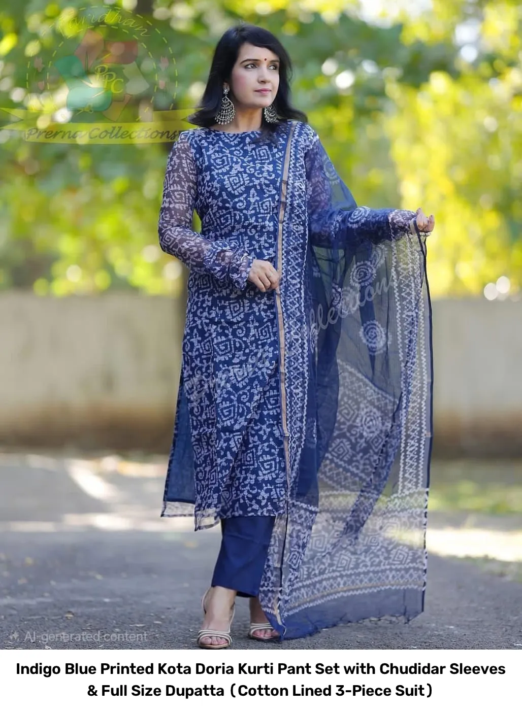 Indigo Blue Printed Kota Doria Kurti Pant Set with Chudidar Sleeves & Full Size Dupatta (Cotton Lined 3-Piece Suit) 4