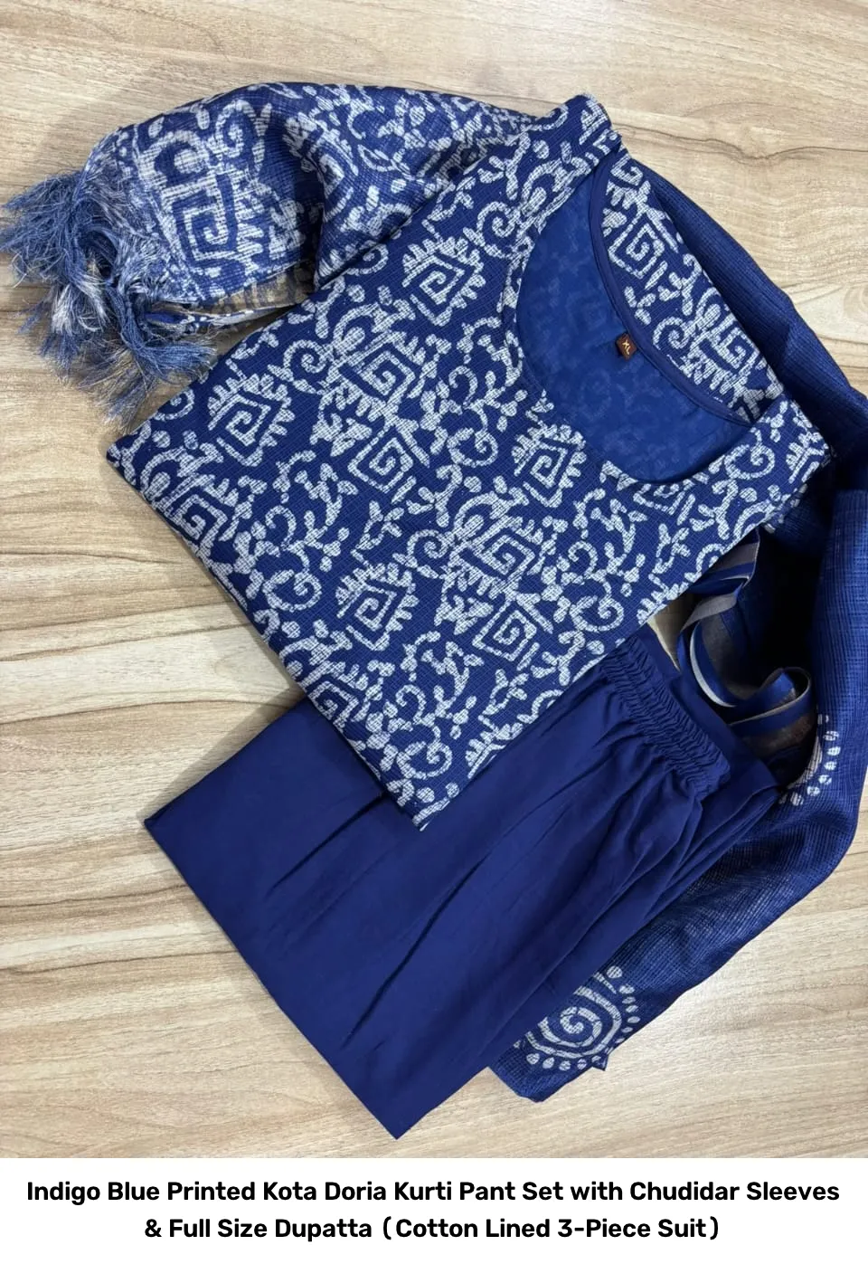 Indigo Blue Printed Kota Doria Kurti Pant Set with Chudidar Sleeves & Full Size Dupatta (Cotton Lined 3-Piece Suit) 5