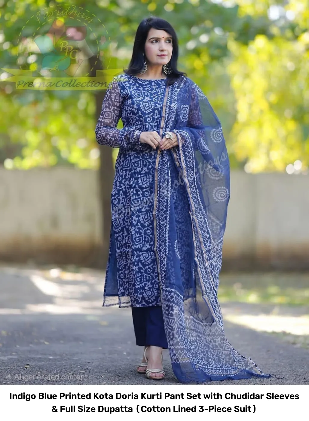 Indigo Blue Printed Kota Doria Kurti Pant Set with Chudidar Sleeves & Full Size Dupatta (Cotton Lined 3-Piece Suit) 6