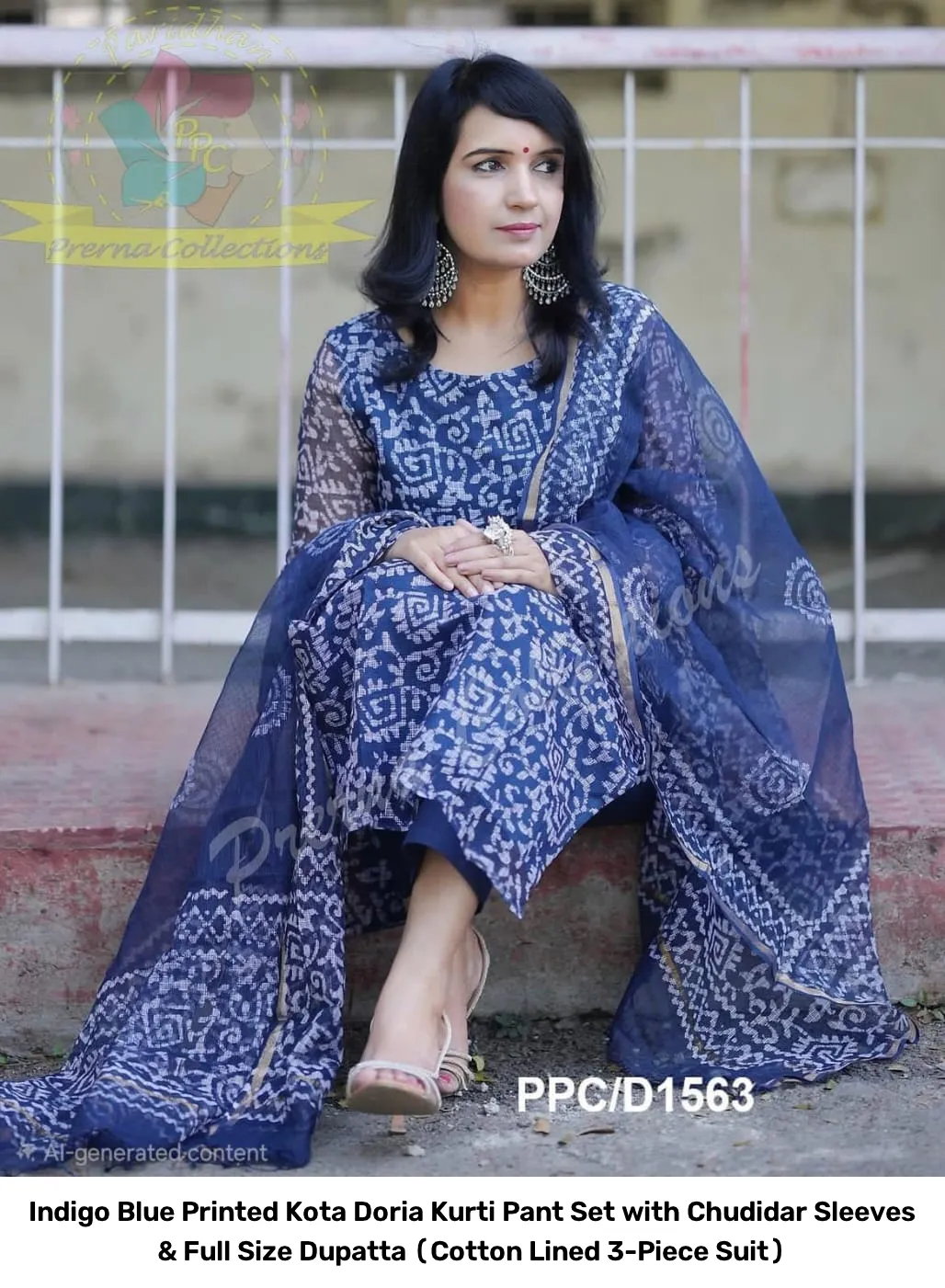 Indigo Blue Printed Kota Doria Kurti Pant Set with Chudidar Sleeves & Full Size Dupatta (Cotton Lined 3-Piece Suit) 7