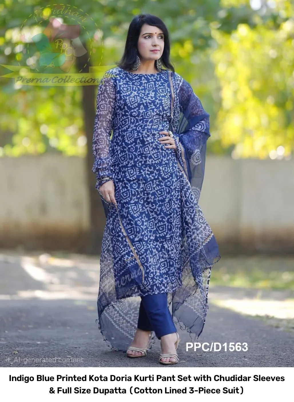 Indigo Blue Printed Kota Doria Kurti Pant Set with Chudidar Sleeves & Full Size Dupatta (Cotton Lined 3-Piece Suit) 8