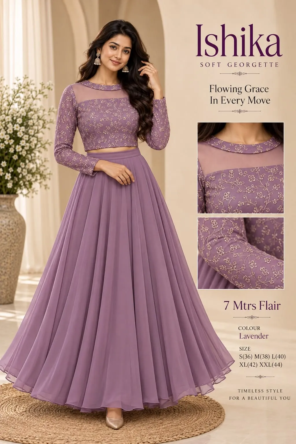 ISHIKA Georgette 2-Piece Flared Lehenga Set | Floral Gold Embroidered Illusion Neck Crop Top & 7-Meter Mega Flare Skirt