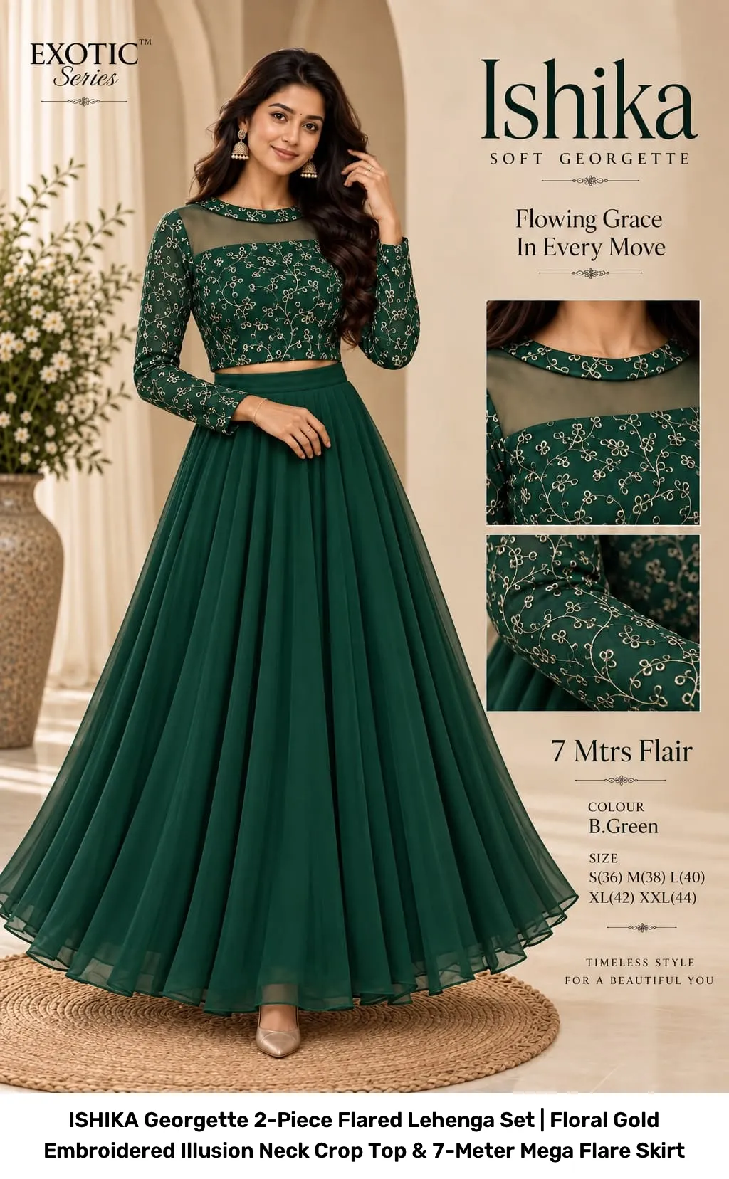 ISHIKA Georgette 2-Piece Flared Lehenga Set | Floral Gold Embroidered Illusion Neck Crop Top & 7-Meter Mega Flare Skirt 10