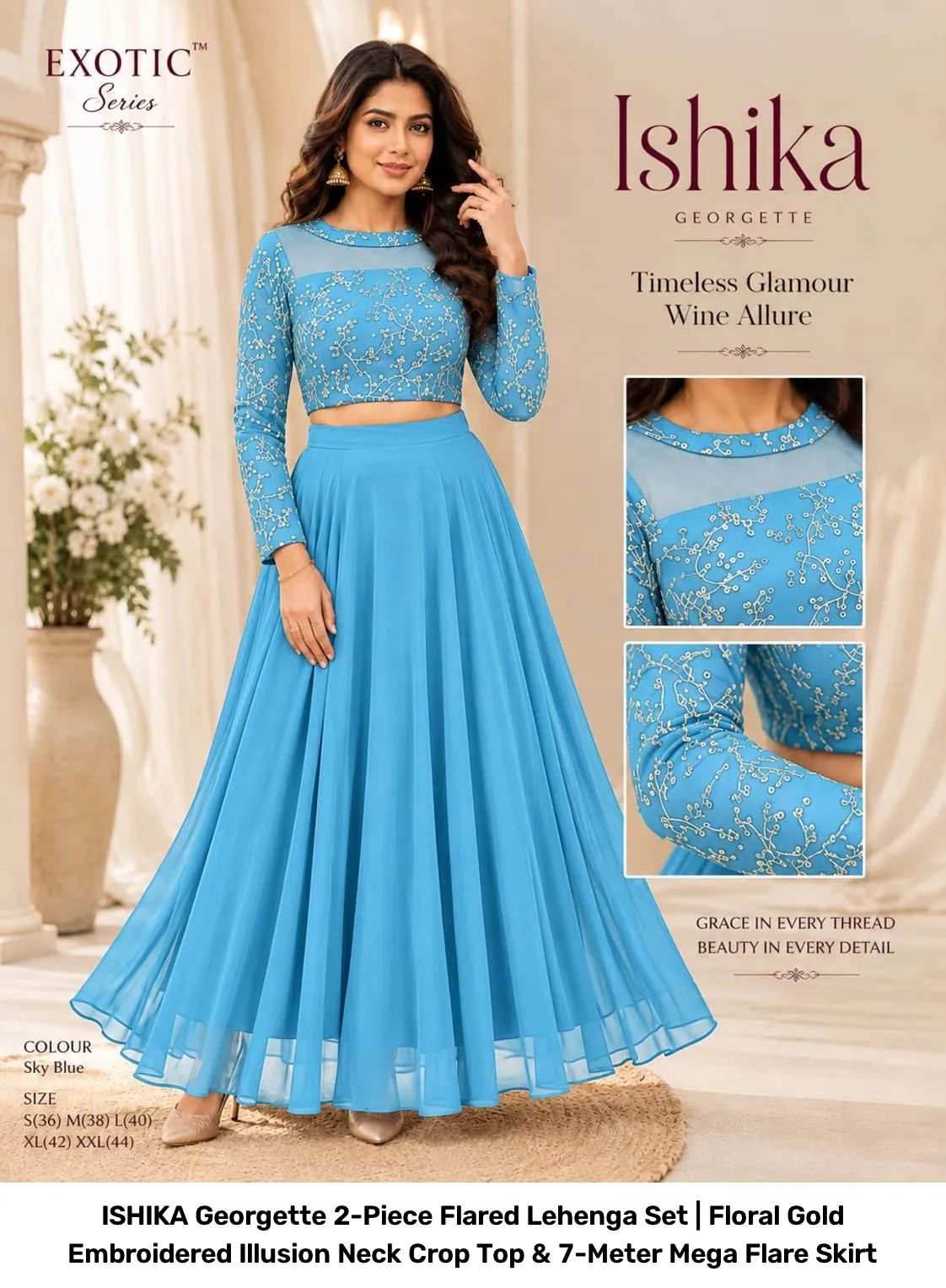 ISHIKA Georgette 2-Piece Flared Lehenga Set | Floral Gold Embroidered Illusion Neck Crop Top & 7-Meter Mega Flare Skirt 11