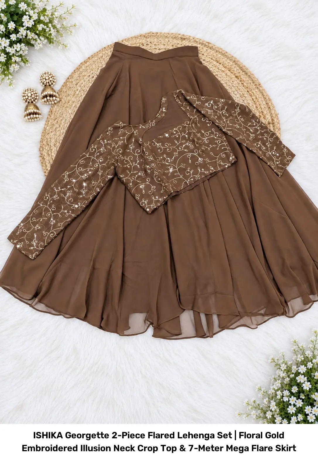 ISHIKA Georgette 2-Piece Flared Lehenga Set | Floral Gold Embroidered Illusion Neck Crop Top & 7-Meter Mega Flare Skirt 12