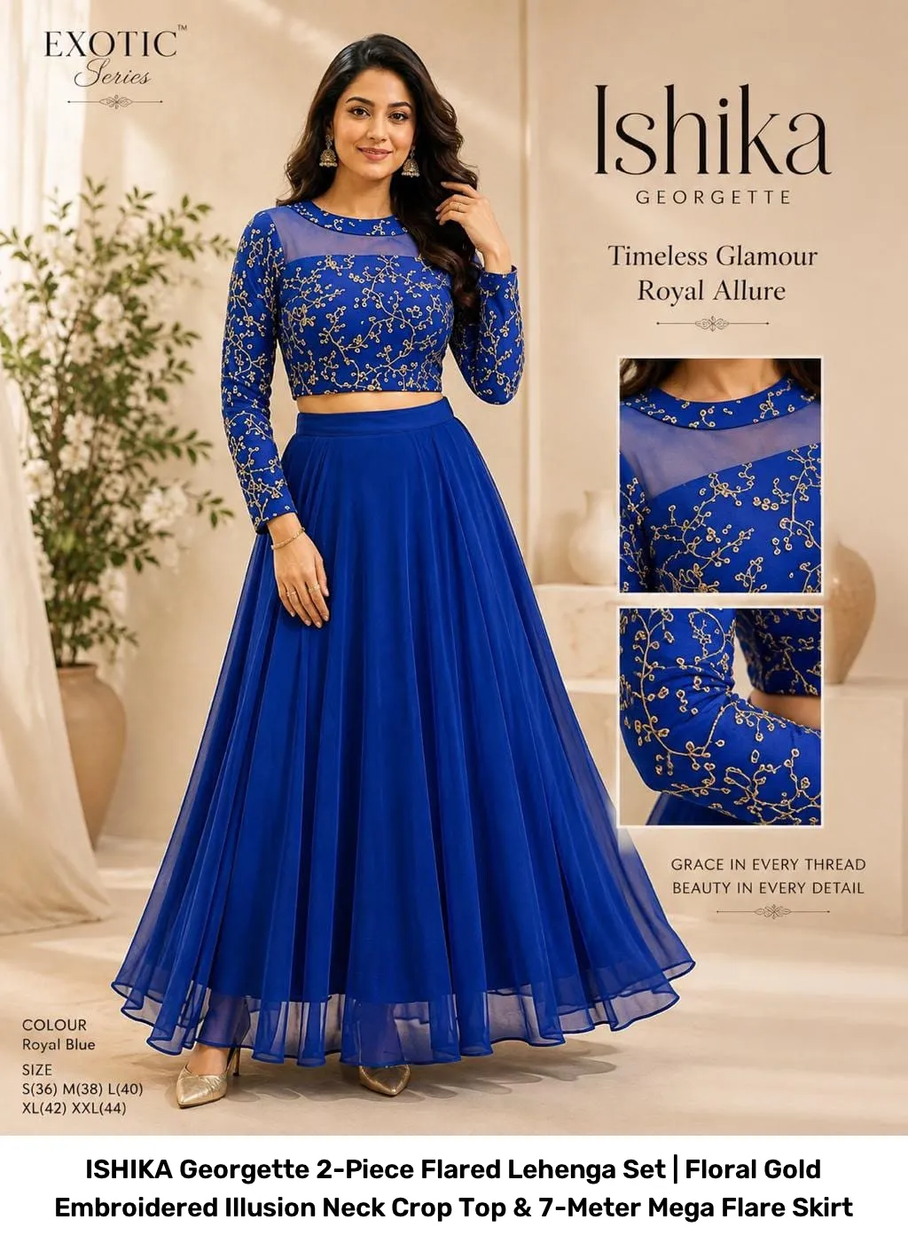 ISHIKA Georgette 2-Piece Flared Lehenga Set | Floral Gold Embroidered Illusion Neck Crop Top & 7-Meter Mega Flare Skirt 13
