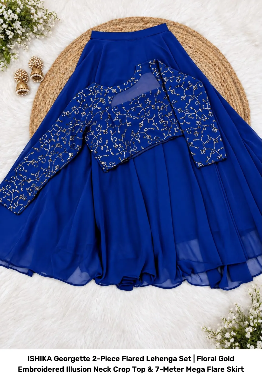 ISHIKA Georgette 2-Piece Flared Lehenga Set | Floral Gold Embroidered Illusion Neck Crop Top & 7-Meter Mega Flare Skirt 14