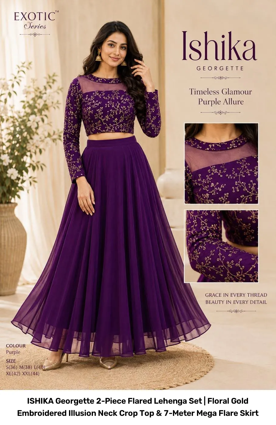 ISHIKA Georgette 2-Piece Flared Lehenga Set | Floral Gold Embroidered Illusion Neck Crop Top & 7-Meter Mega Flare Skirt 15