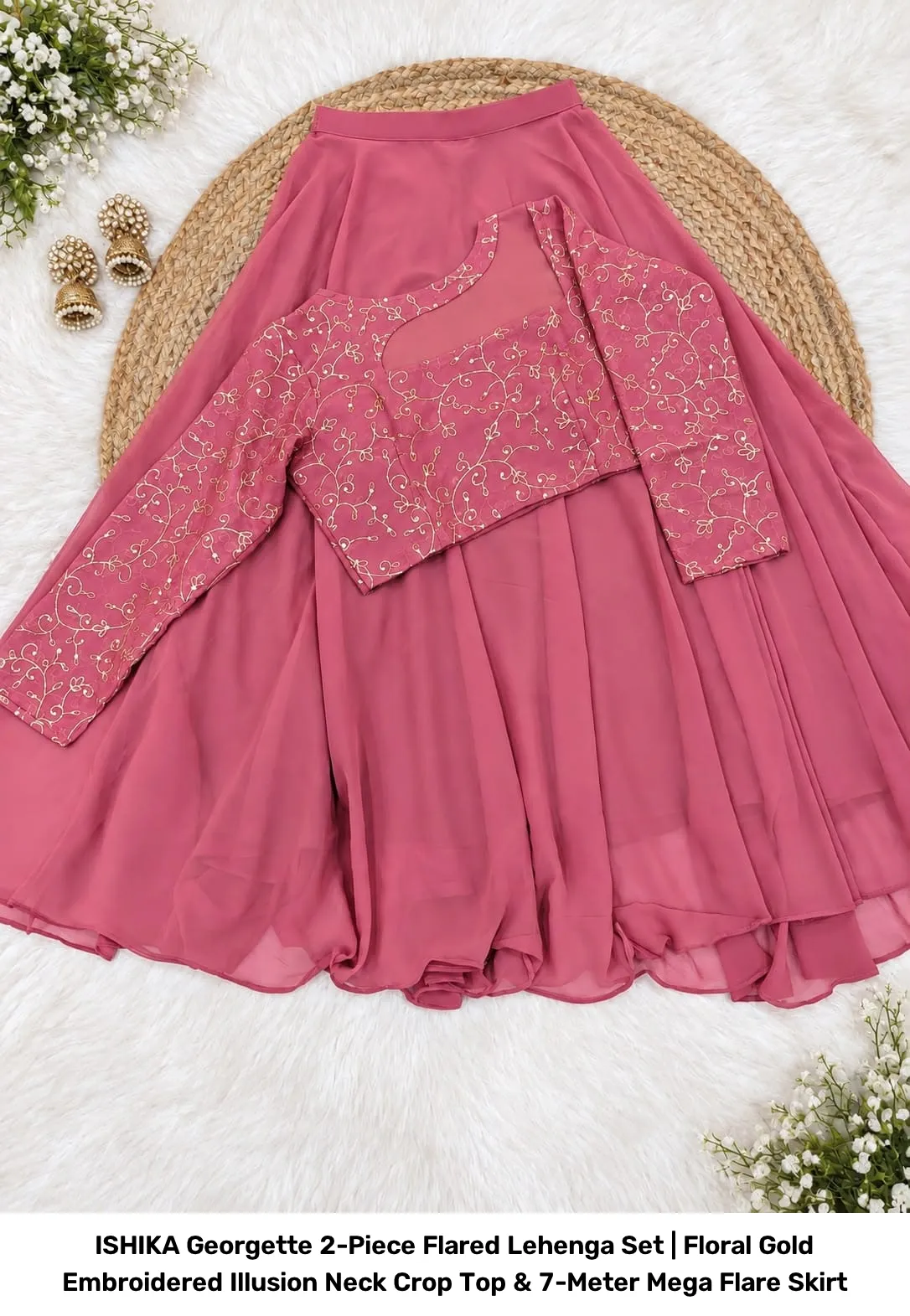 ISHIKA Georgette 2-Piece Flared Lehenga Set | Floral Gold Embroidered Illusion Neck Crop Top & 7-Meter Mega Flare Skirt 16