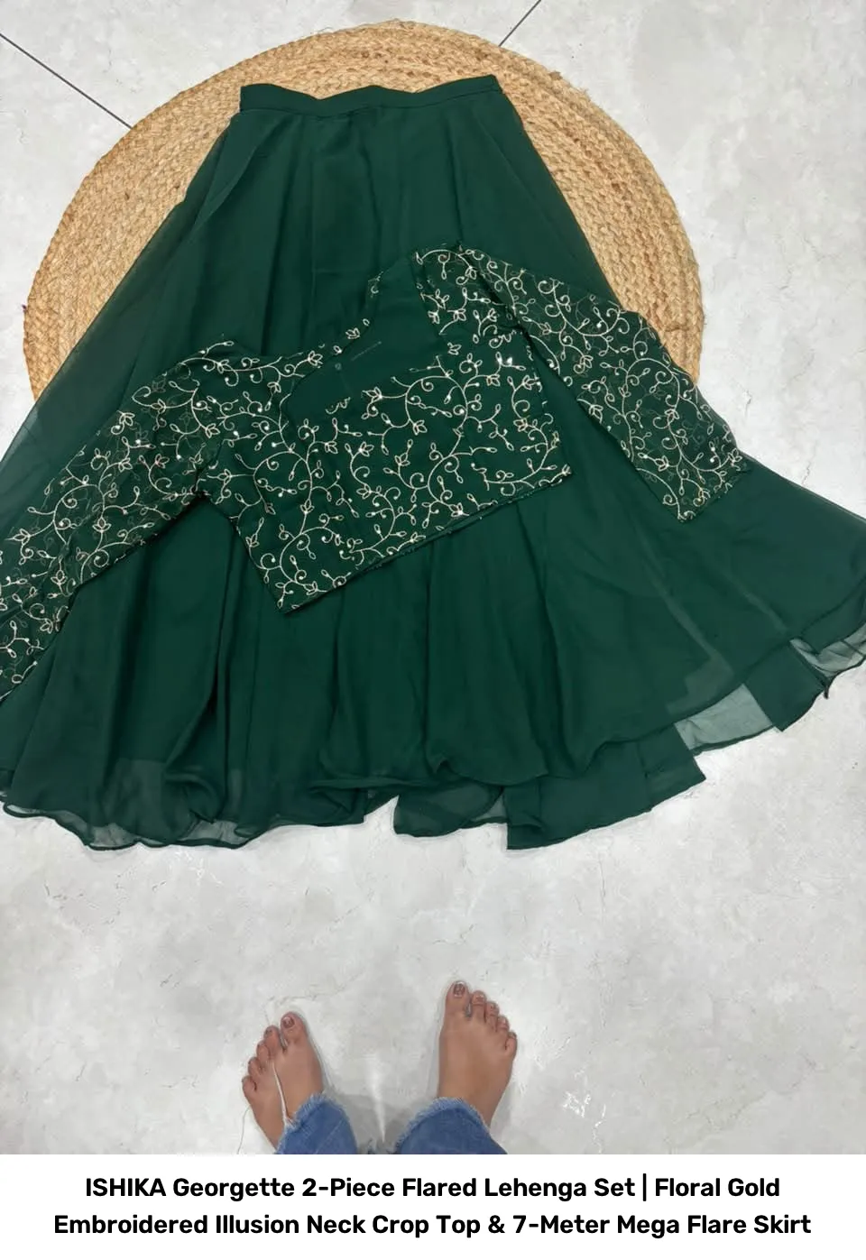 ISHIKA Georgette 2-Piece Flared Lehenga Set | Floral Gold Embroidered Illusion Neck Crop Top & 7-Meter Mega Flare Skirt 17