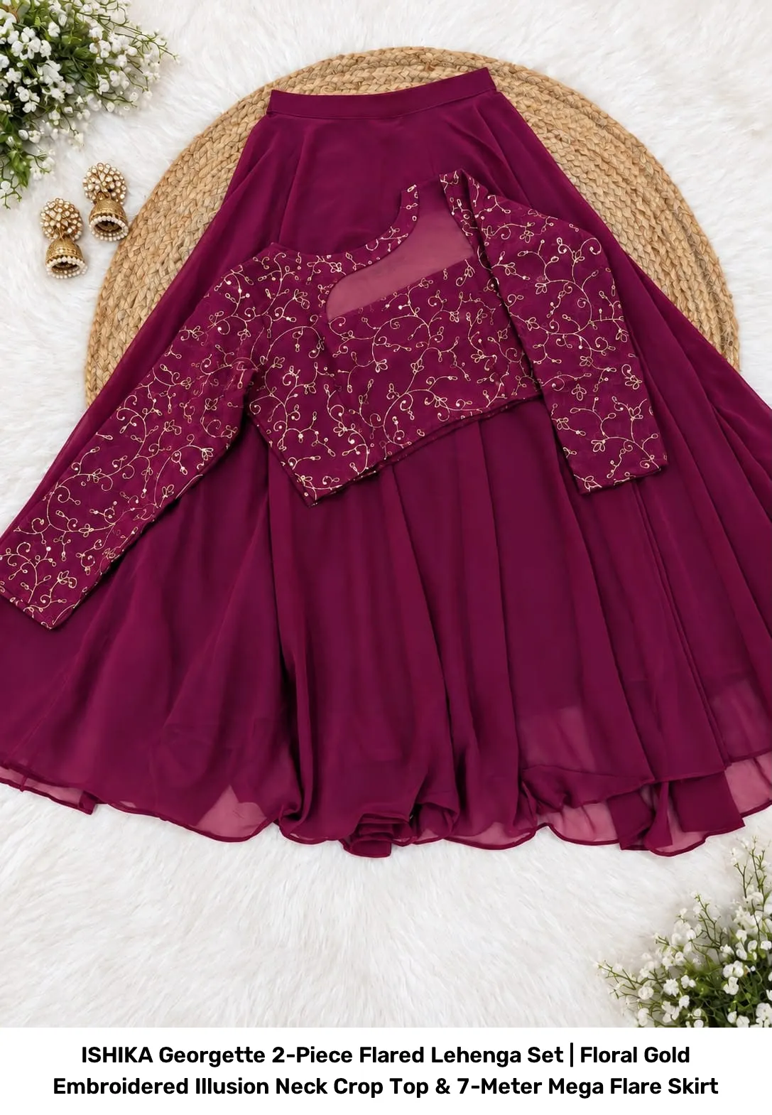 ISHIKA Georgette 2-Piece Flared Lehenga Set | Floral Gold Embroidered Illusion Neck Crop Top & 7-Meter Mega Flare Skirt 18
