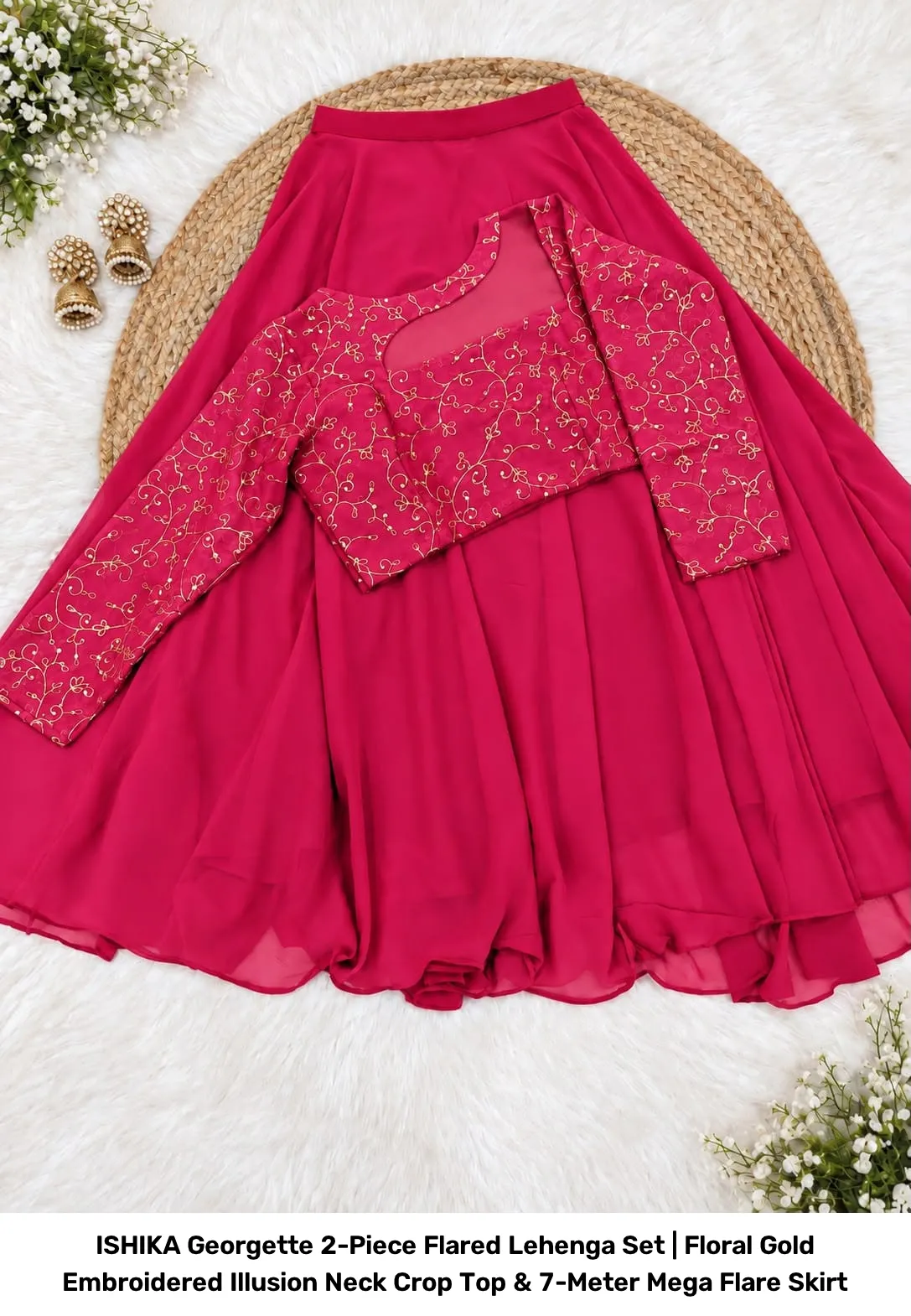 ISHIKA Georgette 2-Piece Flared Lehenga Set | Floral Gold Embroidered Illusion Neck Crop Top & 7-Meter Mega Flare Skirt 19