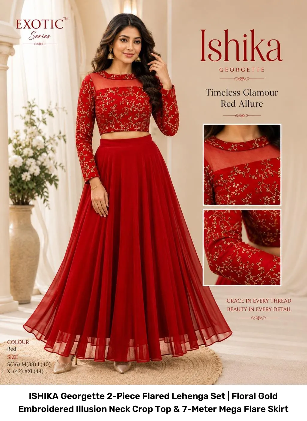 ISHIKA Georgette 2-Piece Flared Lehenga Set | Floral Gold Embroidered Illusion Neck Crop Top & 7-Meter Mega Flare Skirt 2