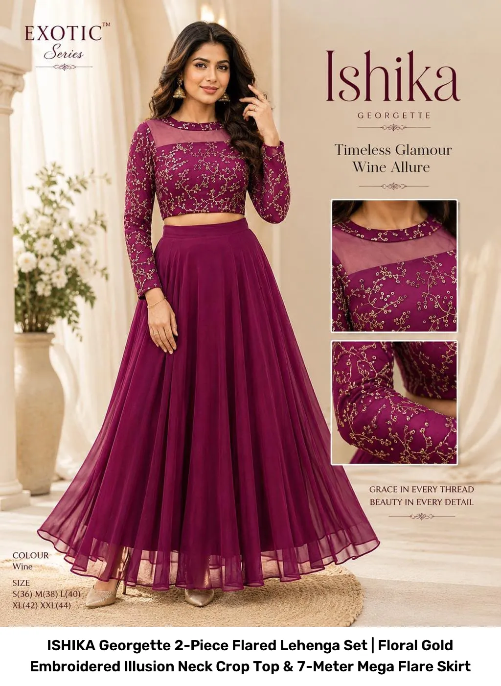 ISHIKA Georgette 2-Piece Flared Lehenga Set | Floral Gold Embroidered Illusion Neck Crop Top & 7-Meter Mega Flare Skirt 20