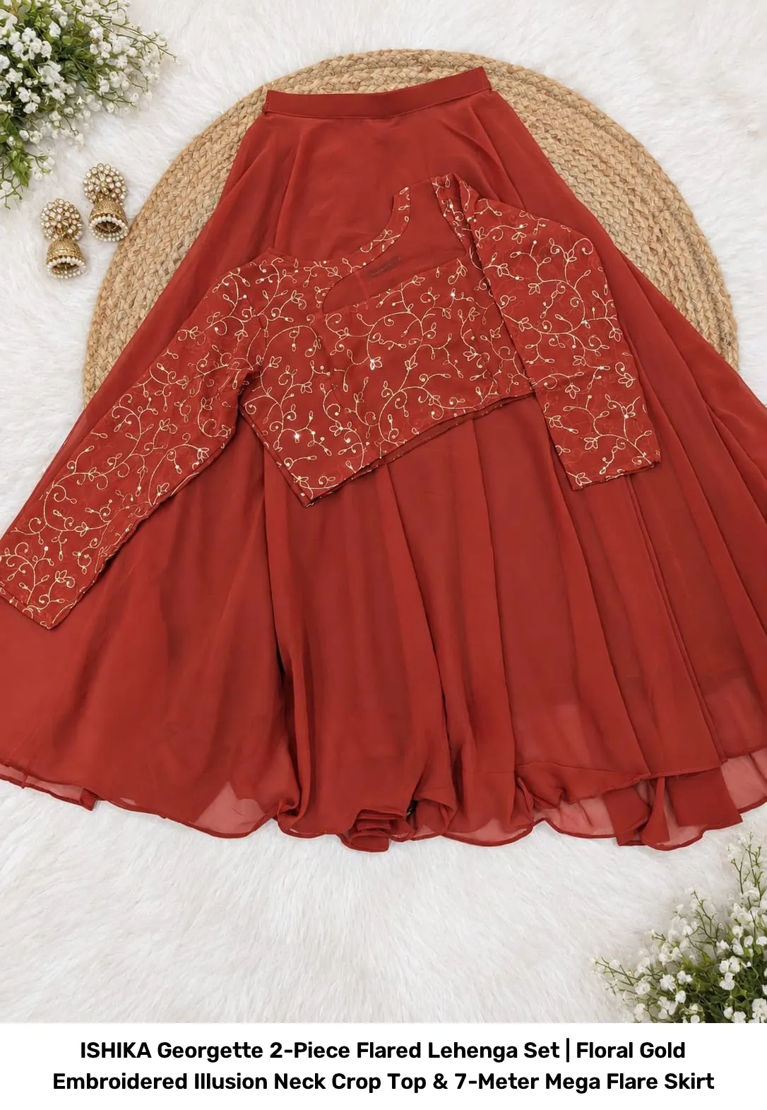 ISHIKA Georgette 2-Piece Flared Lehenga Set | Floral Gold Embroidered Illusion Neck Crop Top & 7-Meter Mega Flare Skirt 22