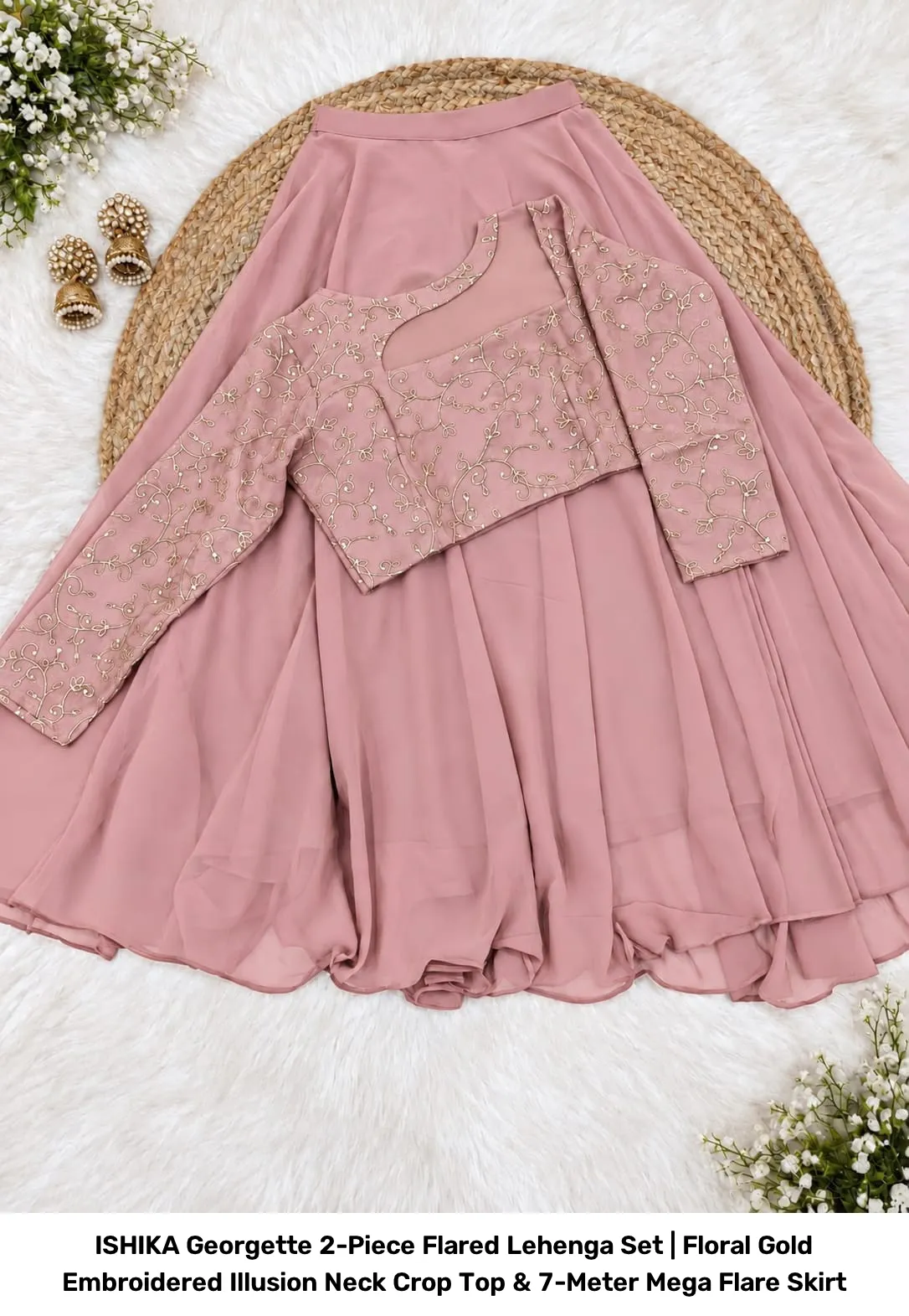 ISHIKA Georgette 2-Piece Flared Lehenga Set | Floral Gold Embroidered Illusion Neck Crop Top & 7-Meter Mega Flare Skirt 23