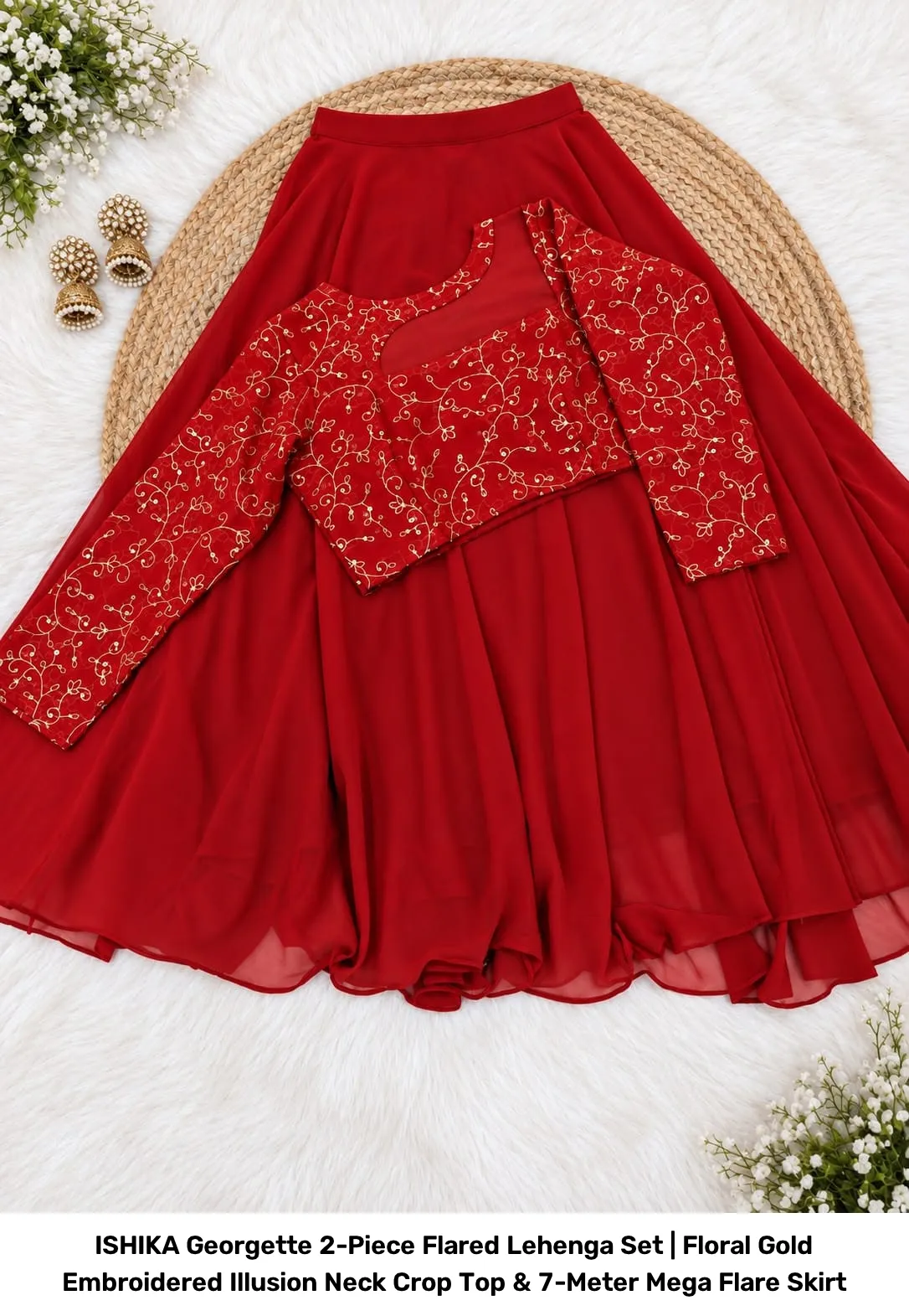 ISHIKA Georgette 2-Piece Flared Lehenga Set | Floral Gold Embroidered Illusion Neck Crop Top & 7-Meter Mega Flare Skirt 24