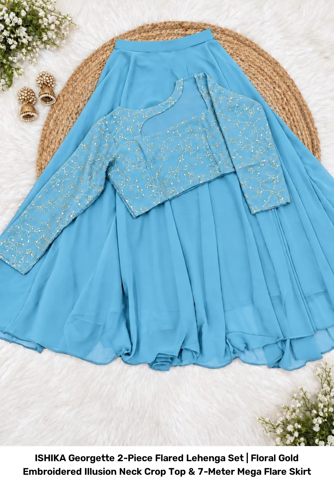 ISHIKA Georgette 2-Piece Flared Lehenga Set | Floral Gold Embroidered Illusion Neck Crop Top & 7-Meter Mega Flare Skirt 3