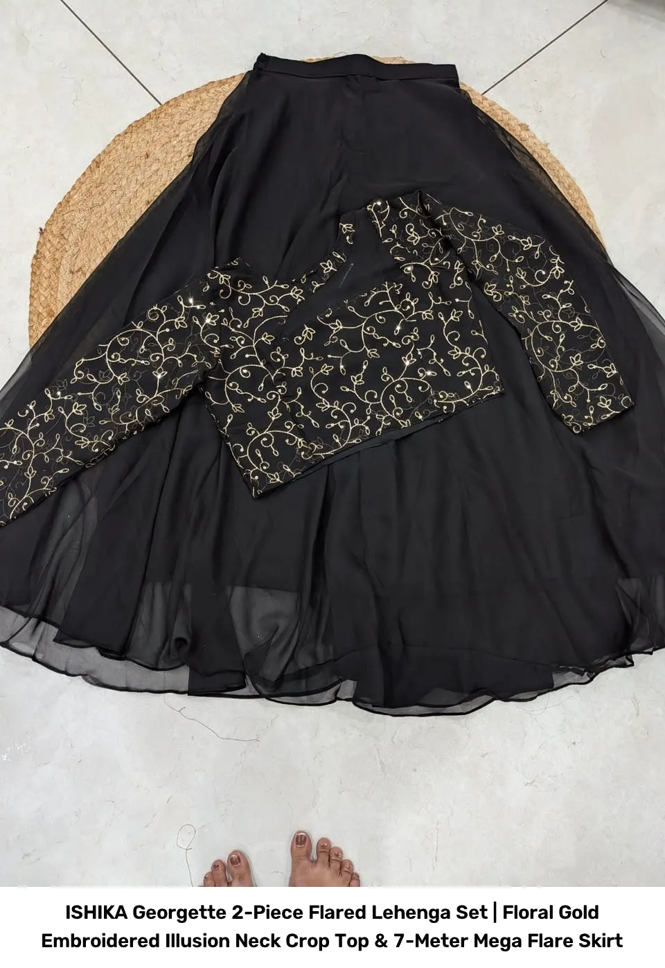 ISHIKA Georgette 2-Piece Flared Lehenga Set | Floral Gold Embroidered Illusion Neck Crop Top & 7-Meter Mega Flare Skirt 4