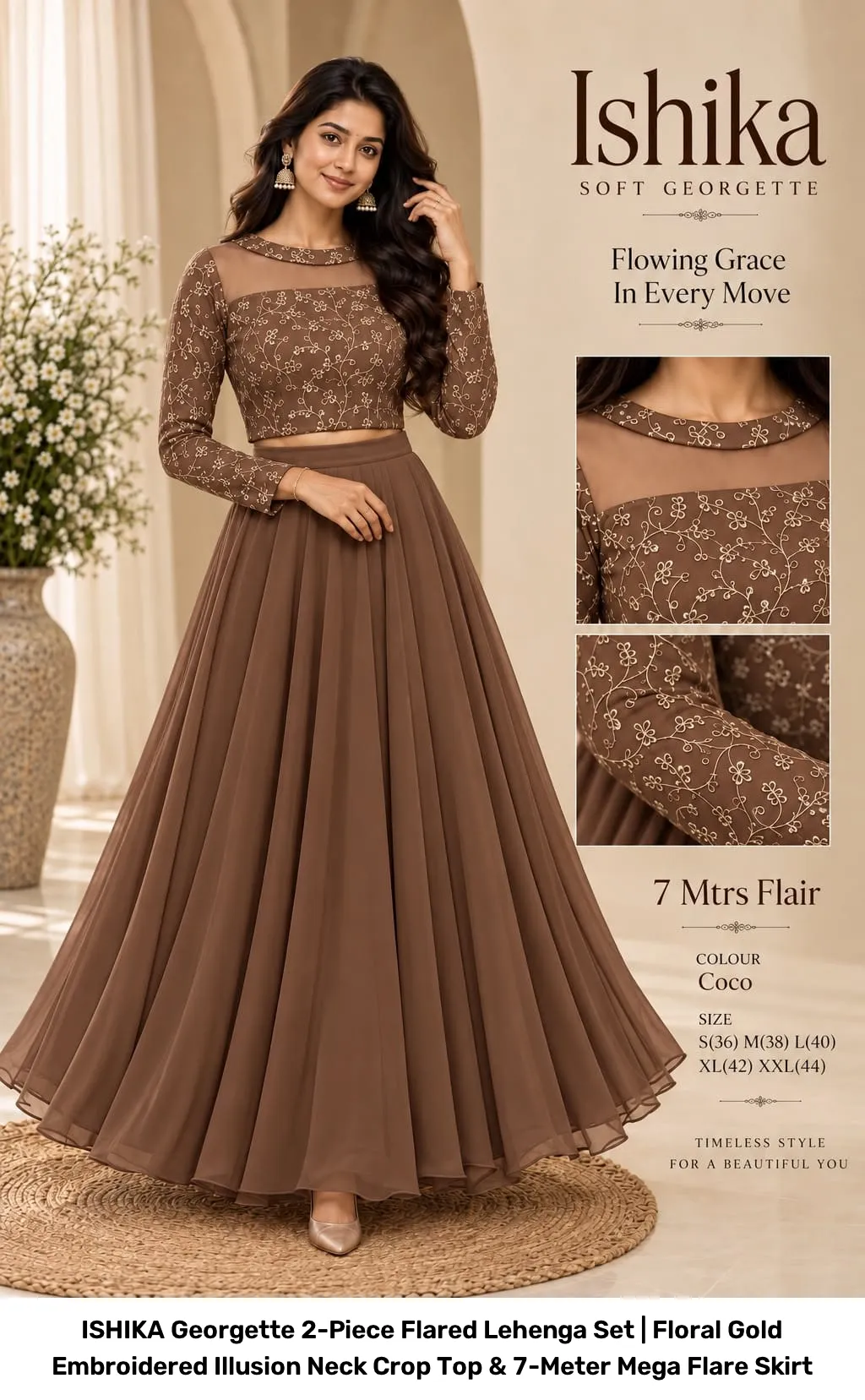 ISHIKA Georgette 2-Piece Flared Lehenga Set | Floral Gold Embroidered Illusion Neck Crop Top & 7-Meter Mega Flare Skirt 6
