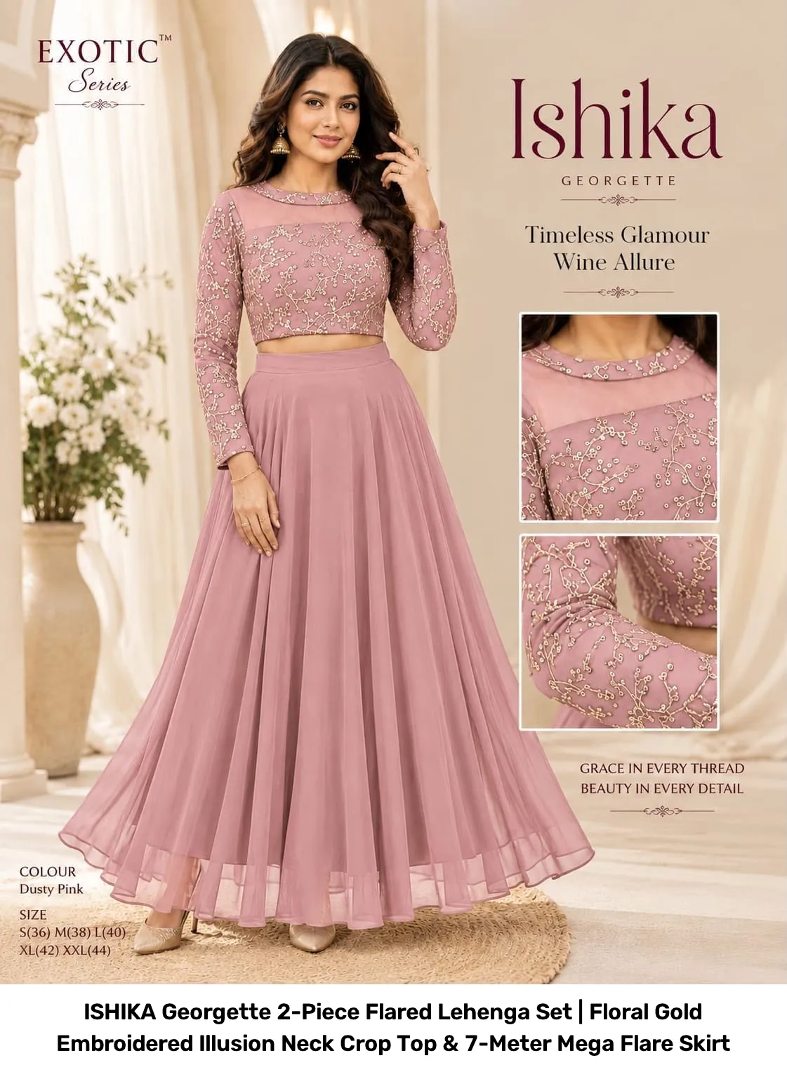 ISHIKA Georgette 2-Piece Flared Lehenga Set | Floral Gold Embroidered Illusion Neck Crop Top & 7-Meter Mega Flare Skirt 8