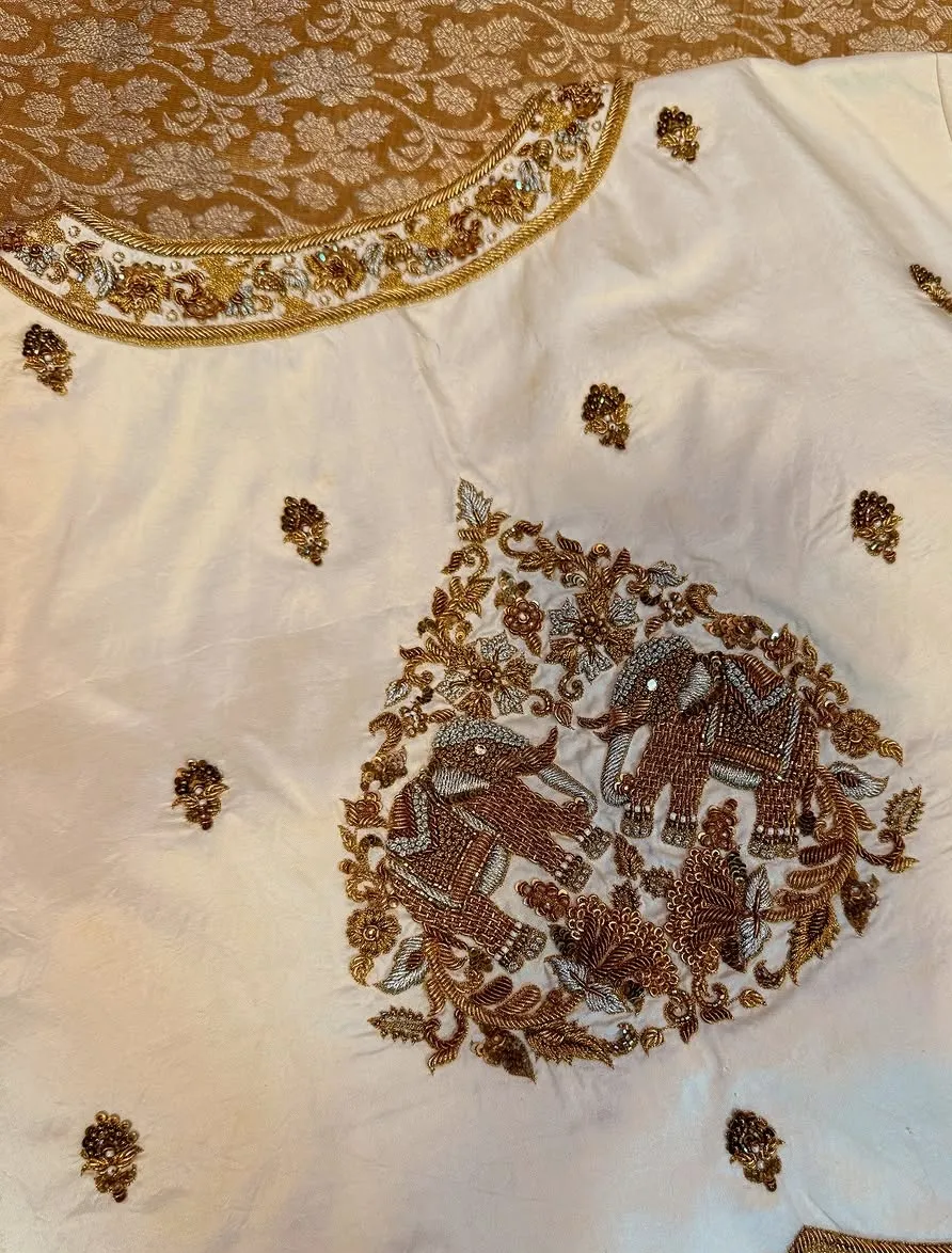 Ivory Raw Silk Maggam Work Blouse with Elephant Motif Back