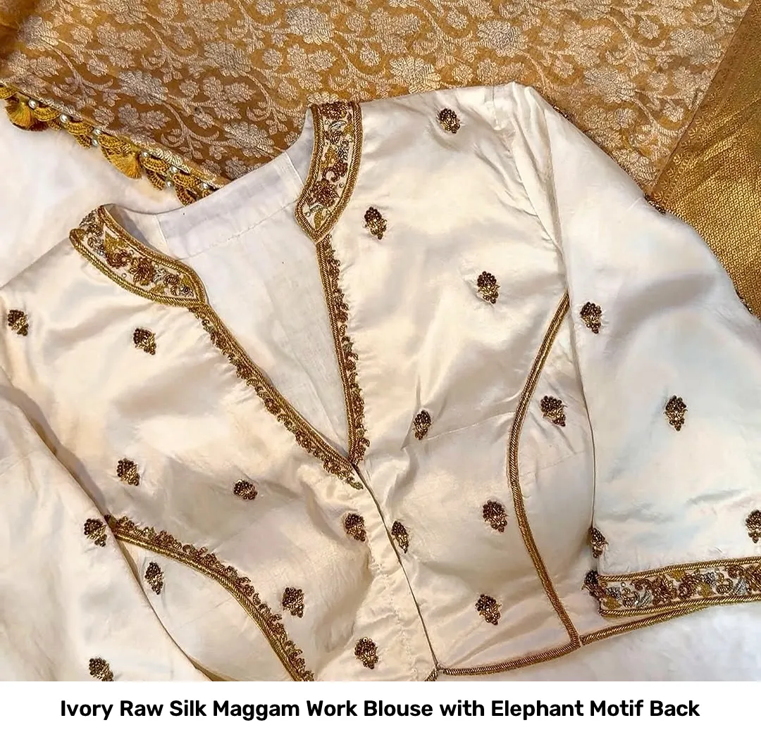 Ivory Raw Silk Maggam Work Blouse with Elephant Motif Back 2