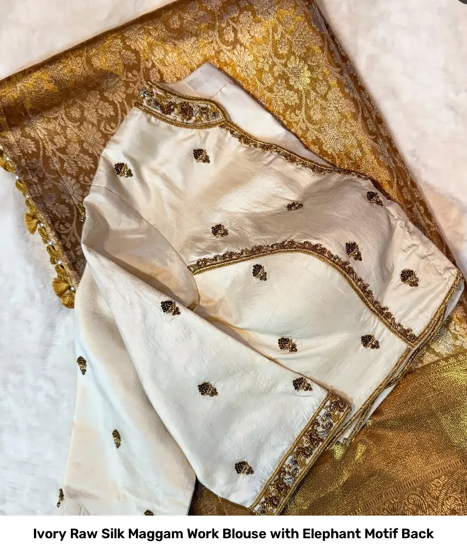 Ivory Raw Silk Maggam Work Blouse with Elephant Motif Back 3