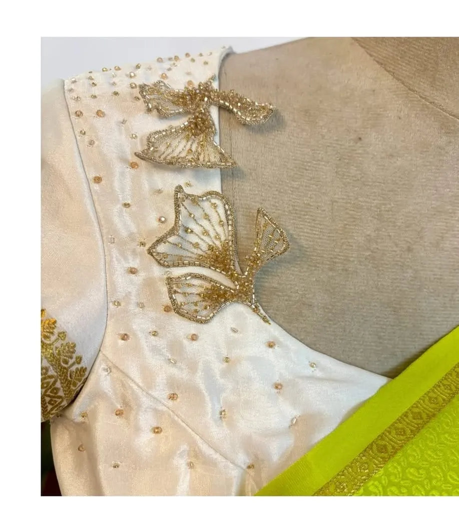 Ivory Raw Silk Readymade Blouse | Handcrafted 3D Tissue Butterfly Aari Embroidery | Off-Shoulder One-Side Neckline Blouse for Silk Saree