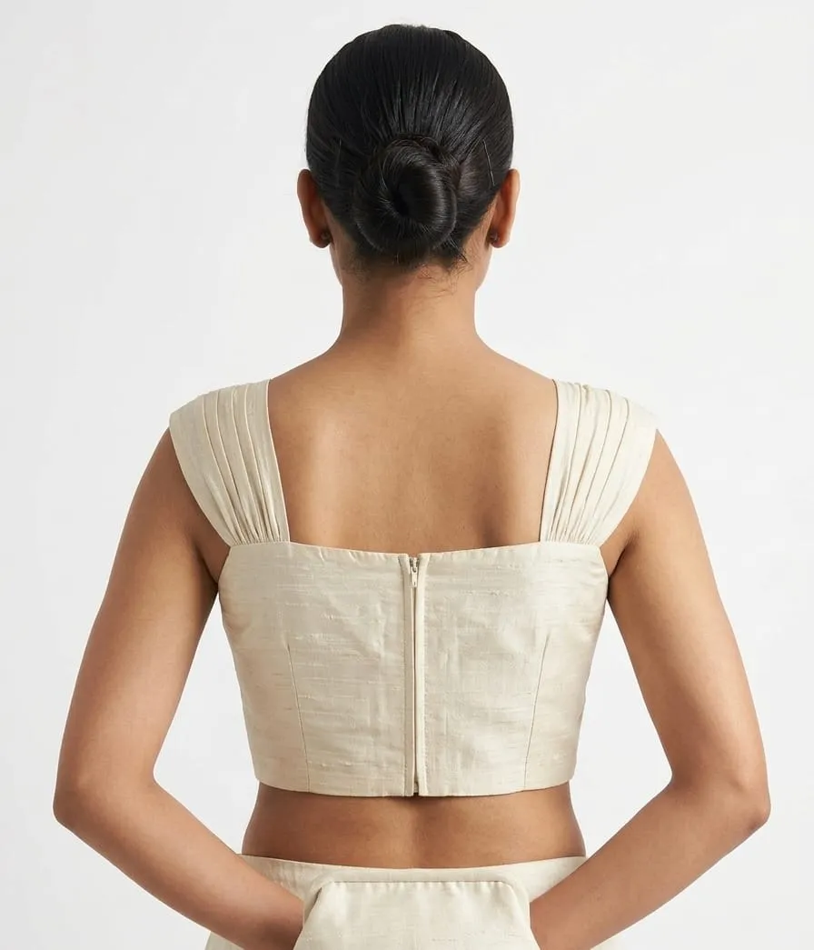 Ivory Silk Readymade Blouse with Ruched Sweetheart Neck & Pleated Shoulder Straps