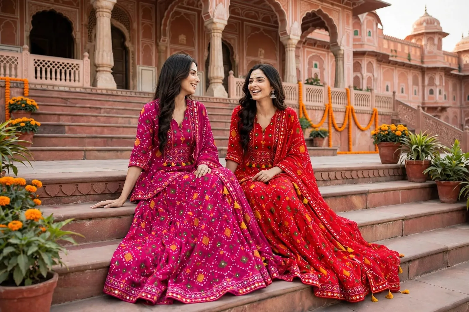 Jaipuri Bandhani Cotton Peplum Kurti with Flared Skirt & Malmal Dupatta Set | Traditional Gopi Dress Lehenga Suit
