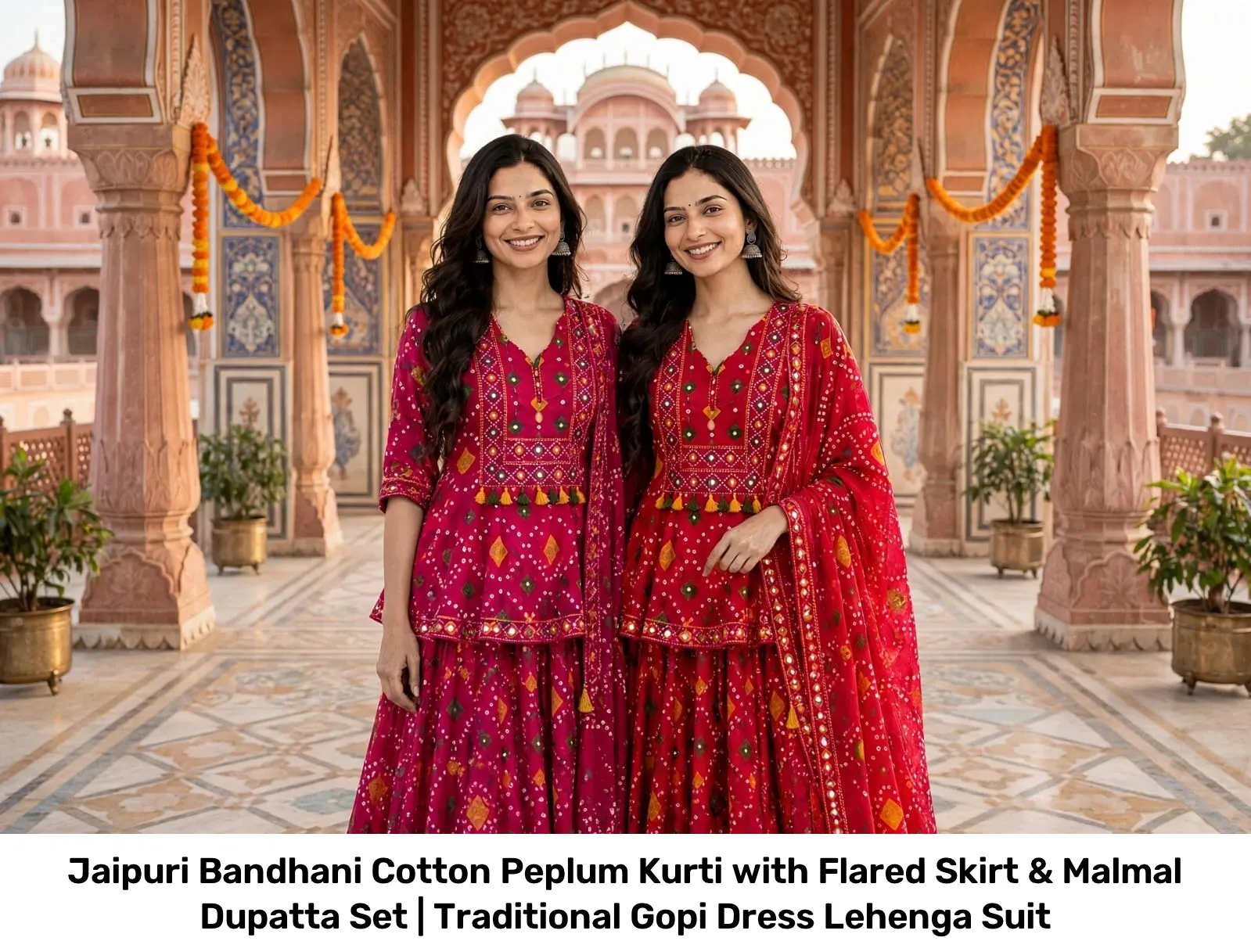 Jaipuri Bandhani Cotton Peplum Kurti with Flared Skirt & Malmal Dupatta Set | Traditional Gopi Dress Lehenga Suit 2
