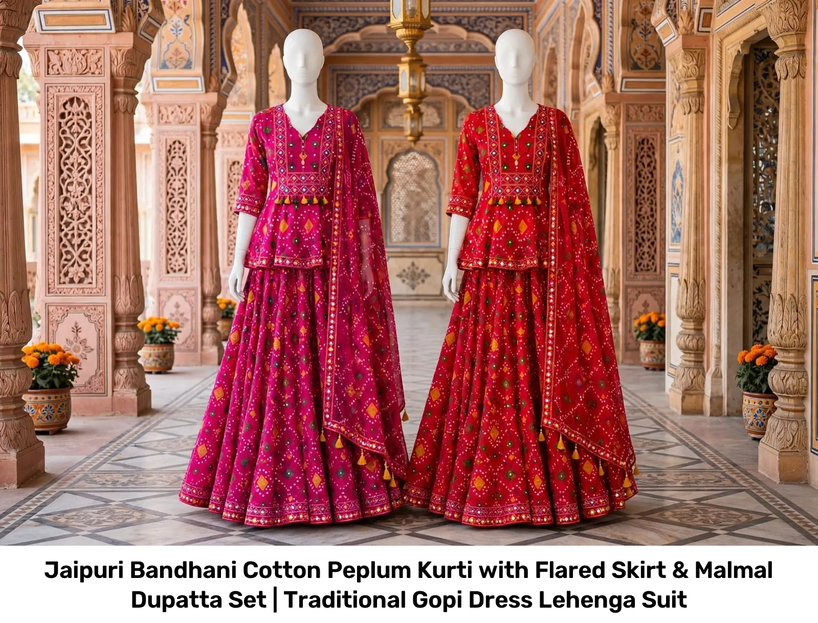 Jaipuri Bandhani Cotton Peplum Kurti with Flared Skirt & Malmal Dupatta Set | Traditional Gopi Dress Lehenga Suit 4