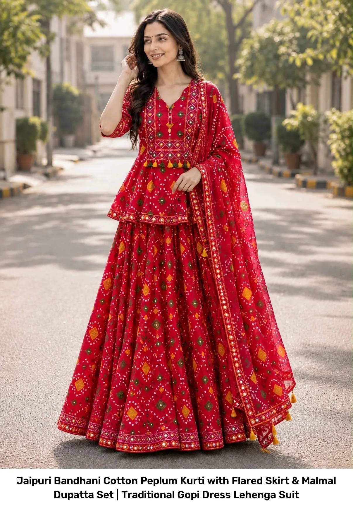 Jaipuri Bandhani Cotton Peplum Kurti with Flared Skirt & Malmal Dupatta Set | Traditional Gopi Dress Lehenga Suit 5