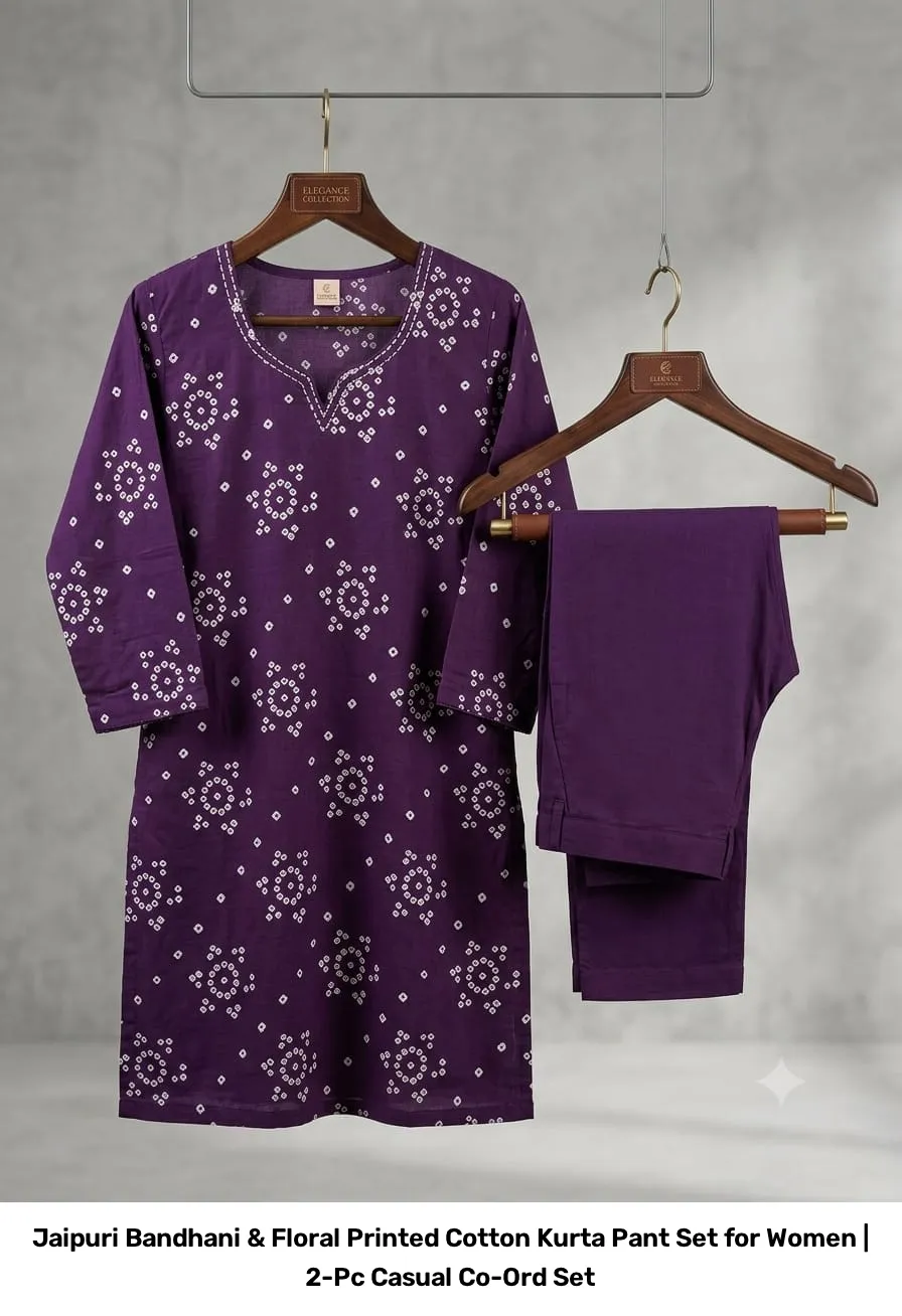 Jaipuri Bandhani & Floral Printed Cotton Kurta Pant Set for Women | 2-Pc Casual Co-Ord Set 10
