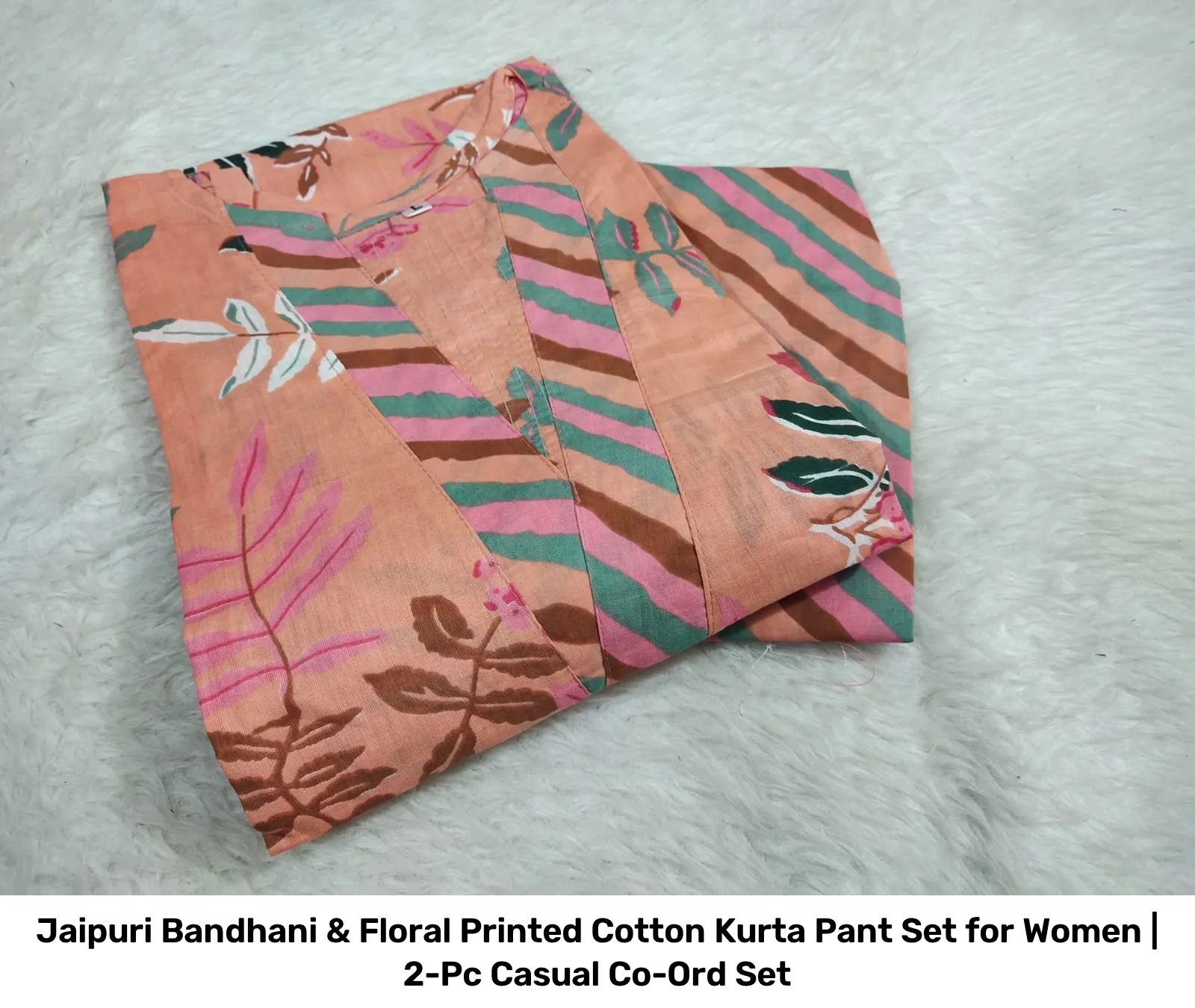 Jaipuri Bandhani & Floral Printed Cotton Kurta Pant Set for Women | 2-Pc Casual Co-Ord Set 11