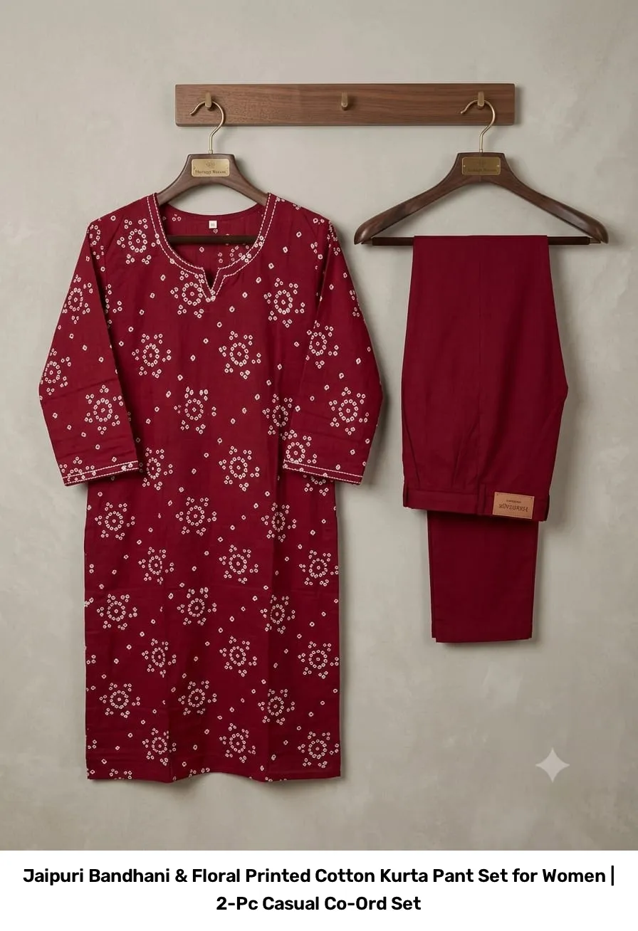 Jaipuri Bandhani & Floral Printed Cotton Kurta Pant Set for Women | 2-Pc Casual Co-Ord Set 12