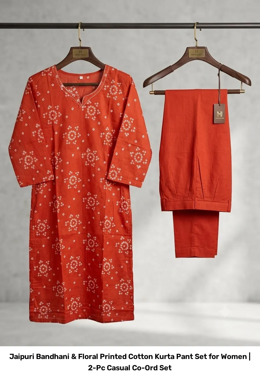 Jaipuri Bandhani & Floral Printed Cotton Kurta Pant Set for Women | 2-Pc Casual Co-Ord Set 13