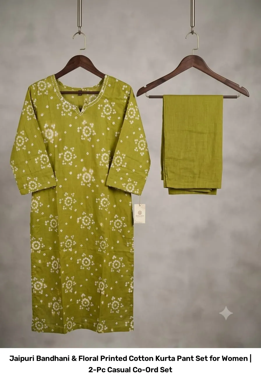 Jaipuri Bandhani & Floral Printed Cotton Kurta Pant Set for Women | 2-Pc Casual Co-Ord Set 3