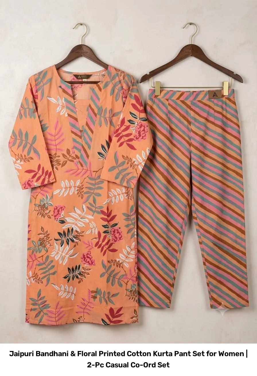 Jaipuri Bandhani & Floral Printed Cotton Kurta Pant Set for Women | 2-Pc Casual Co-Ord Set 6