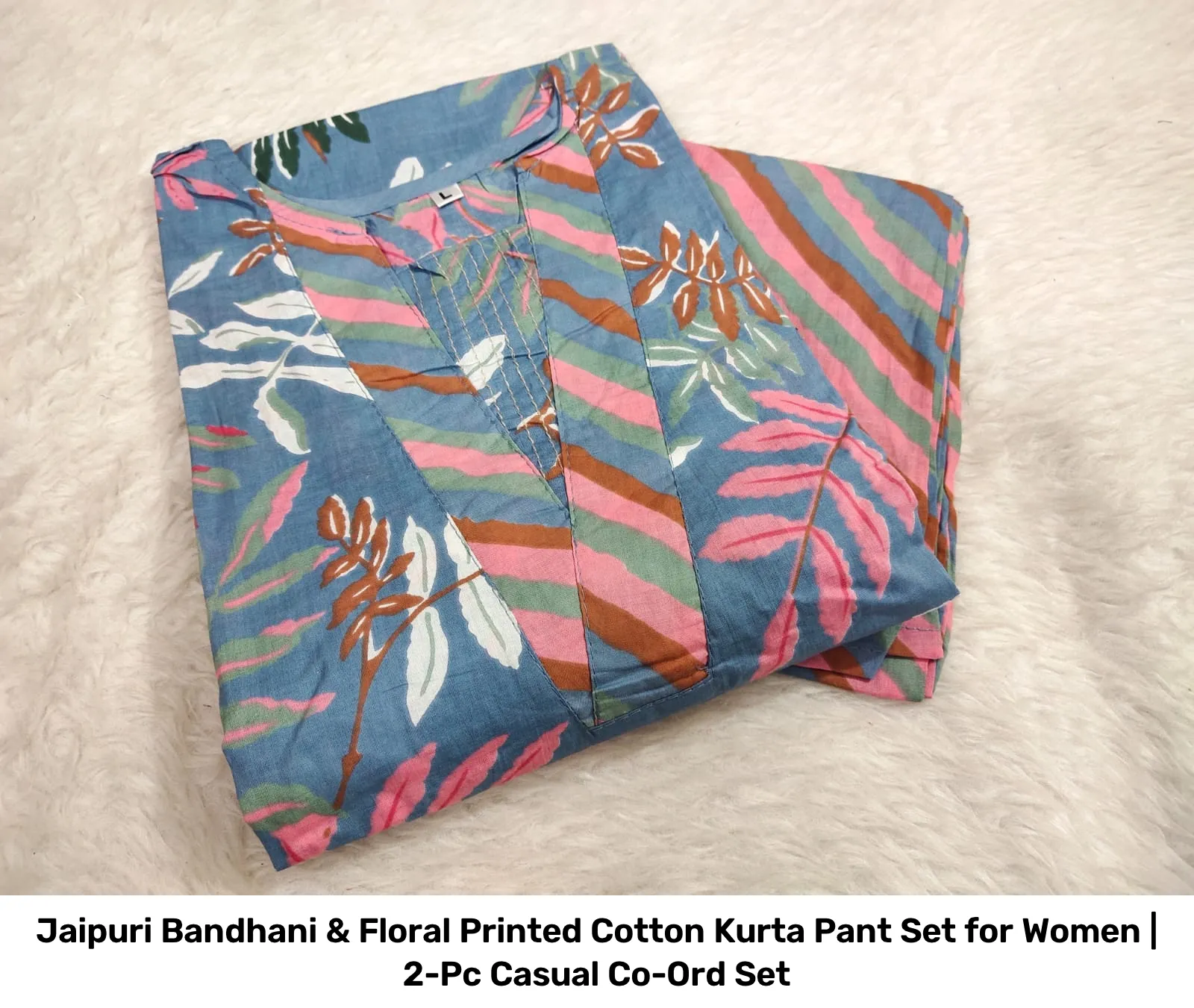 Jaipuri Bandhani & Floral Printed Cotton Kurta Pant Set for Women | 2-Pc Casual Co-Ord Set 8
