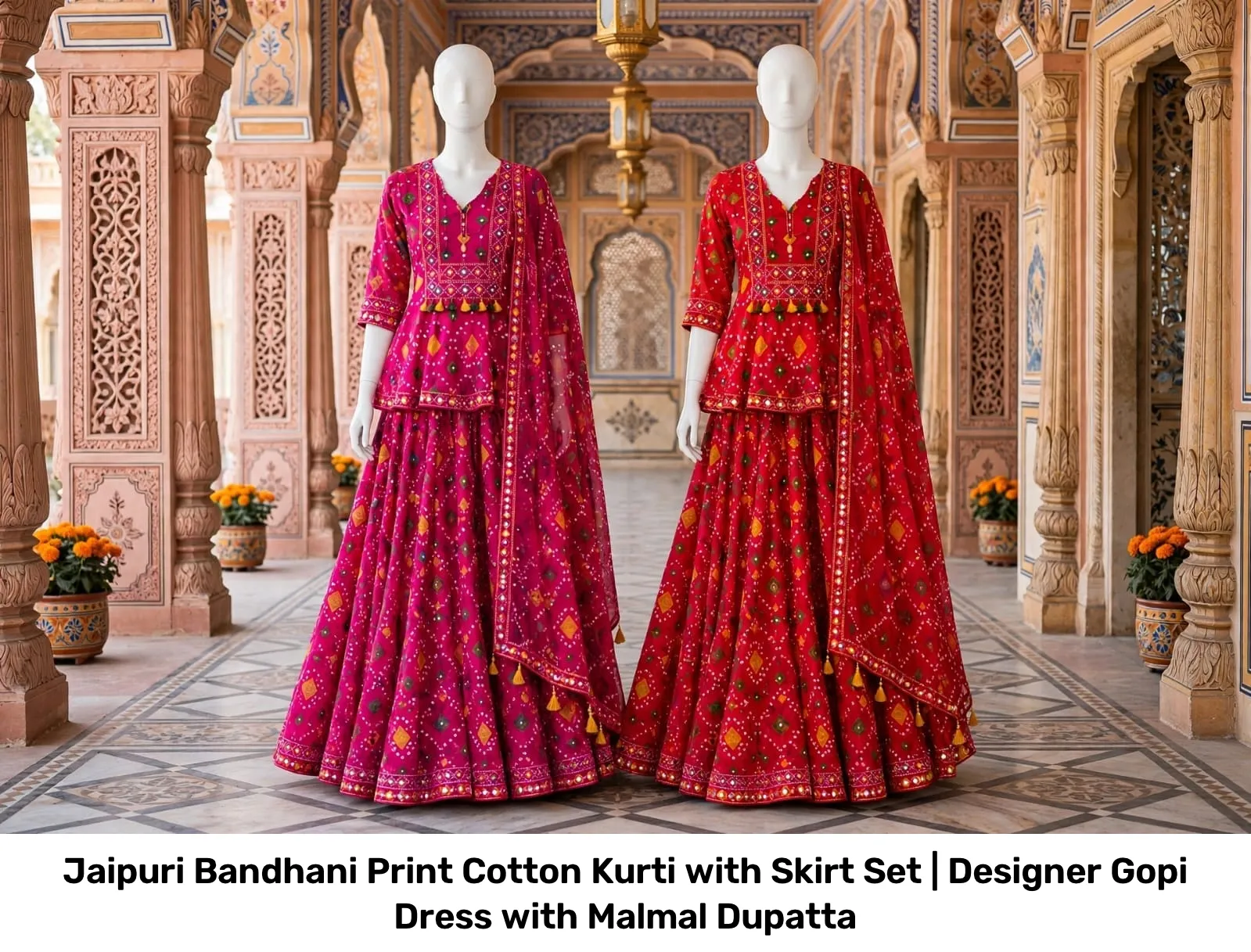 Jaipuri Bandhani Print Cotton Kurti with Skirt Set | Designer Gopi Dress with Malmal Dupatta 2