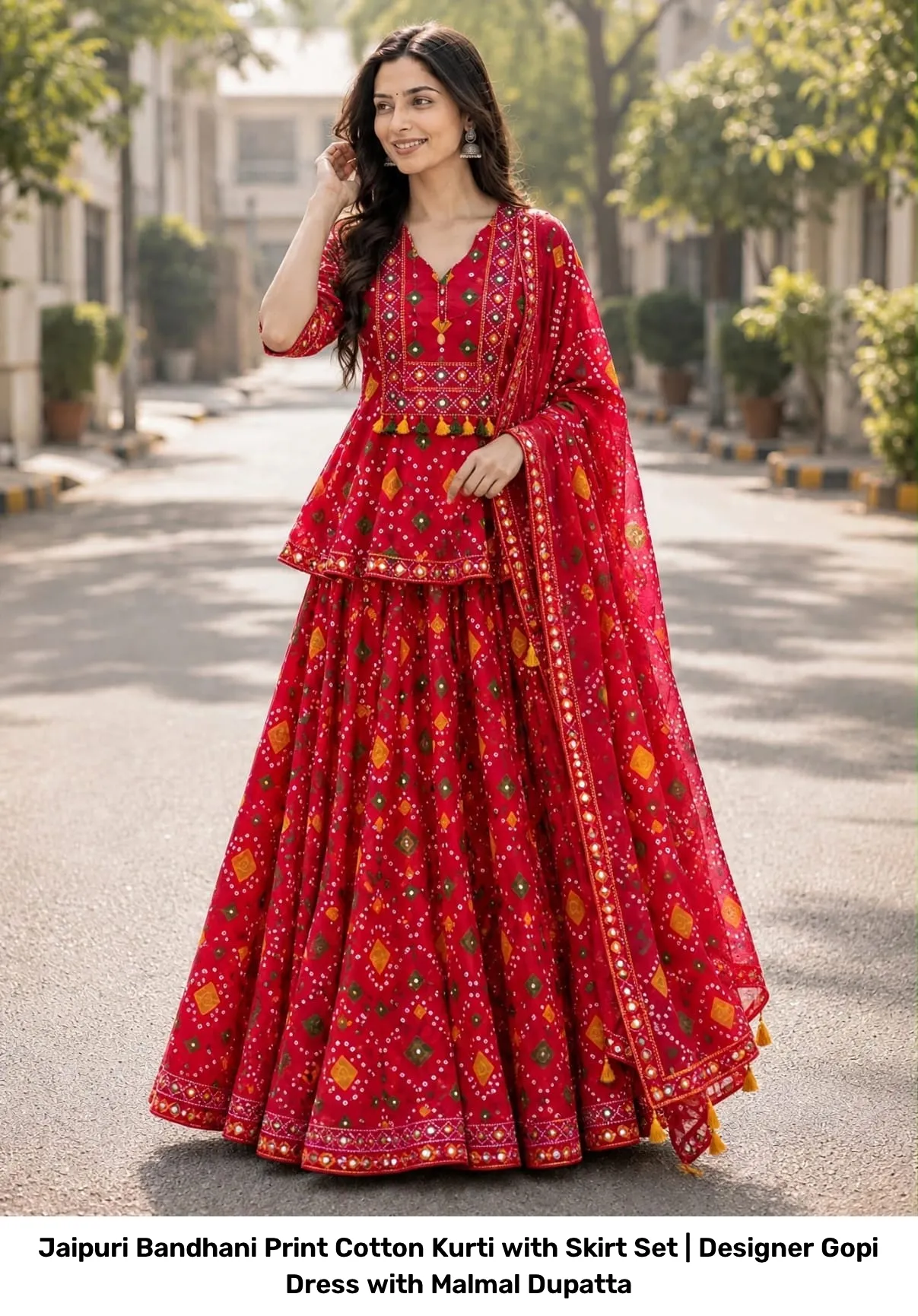 Jaipuri Bandhani Print Cotton Kurti with Skirt Set | Designer Gopi Dress with Malmal Dupatta 3