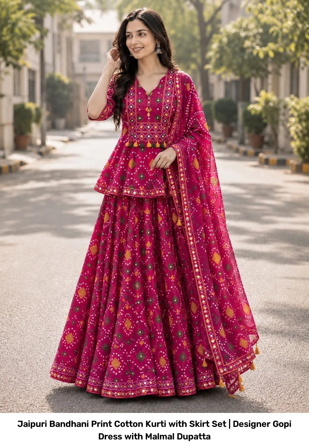 Jaipuri Bandhani Print Cotton Kurti with Skirt Set | Designer Gopi Dress with Malmal Dupatta 4