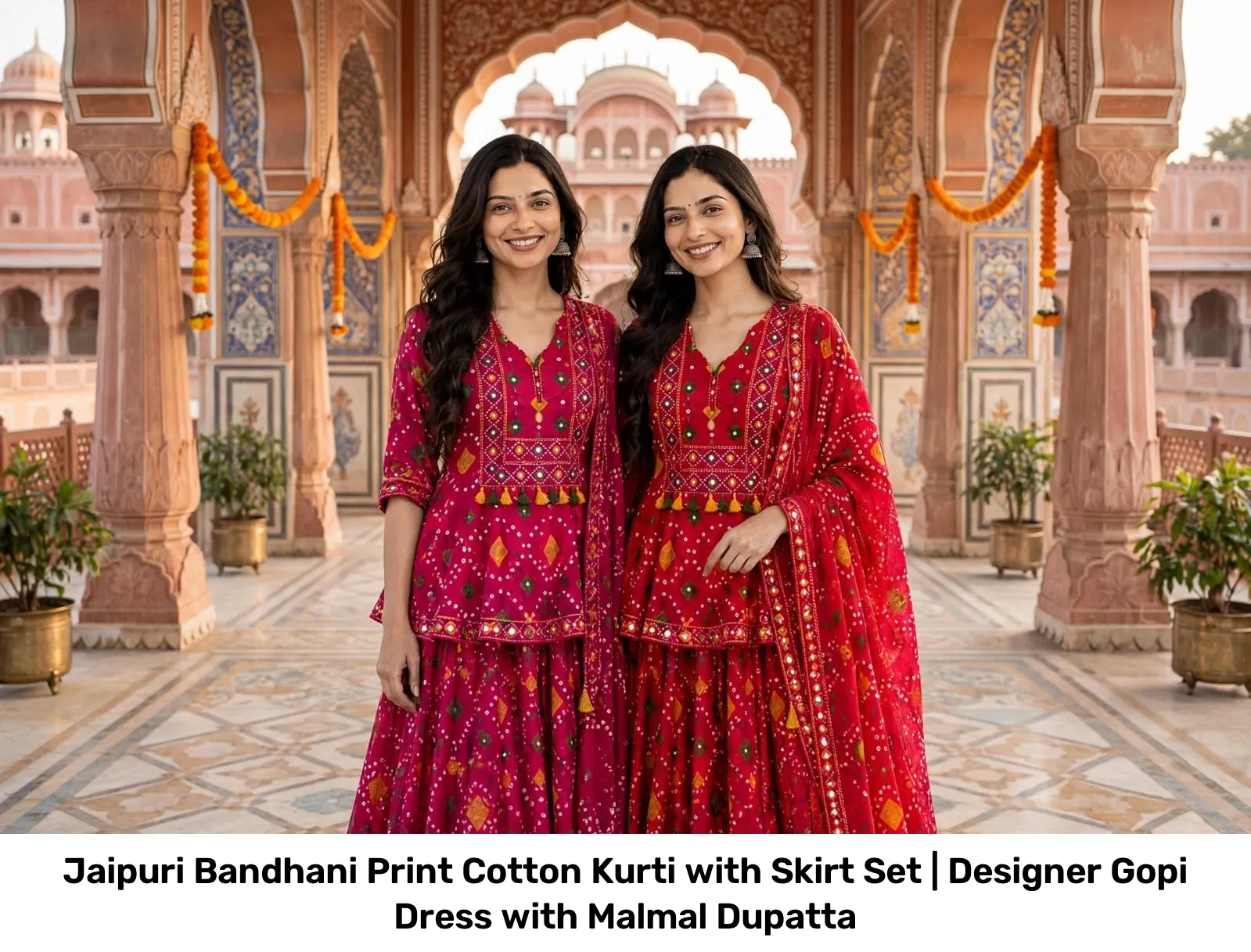 Jaipuri Bandhani Print Cotton Kurti with Skirt Set | Designer Gopi Dress with Malmal Dupatta 5